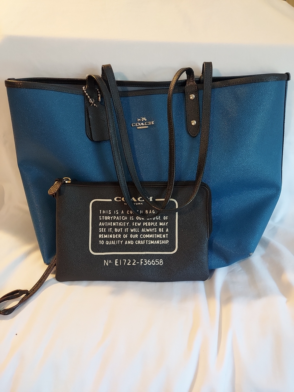 COACH Reversible City Tote Dusk Bright Mineral Blue F36658 with Pouch